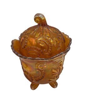 Vintage Carnival Glass Lidded Candy Dish With Embossed Paisley & Leaf Design
